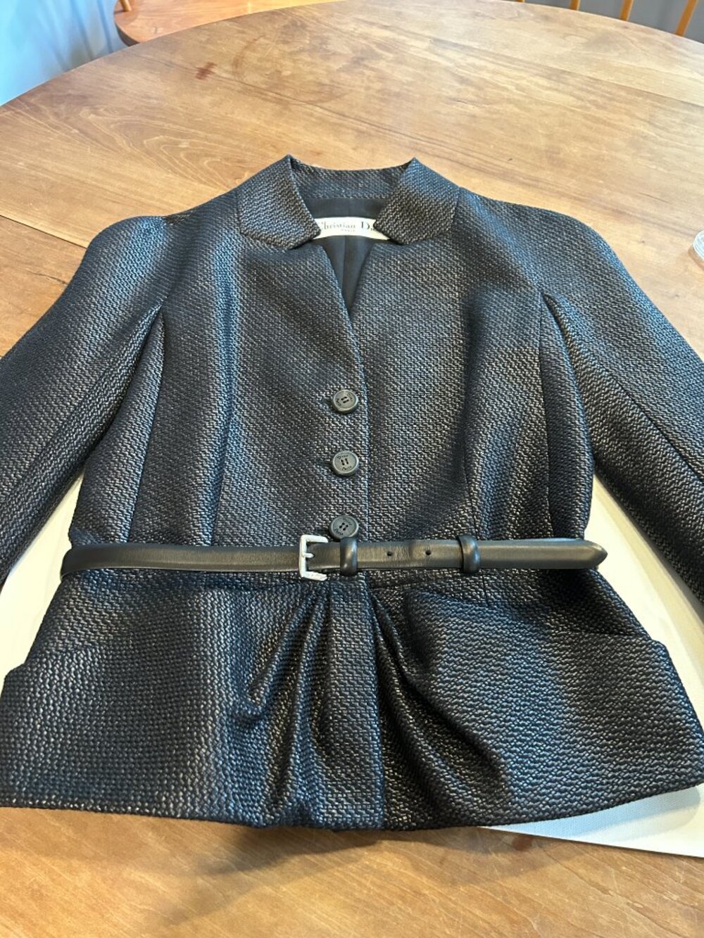 Christian Dior Paris Metallic Black Textured Peplum Jacket, Sz 10, Lady, belted
